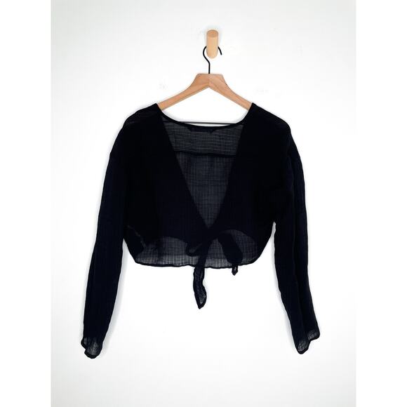 Zara Black Sheer Gauze Long Sleeve Tie Front Crop Top Small V Neck - Picture 7 of 9
